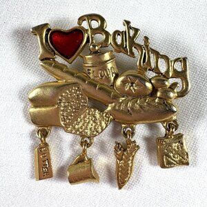 Vintage Danecraft I Love Baking Gold‎ Tone Brooch Pin w/ Charms